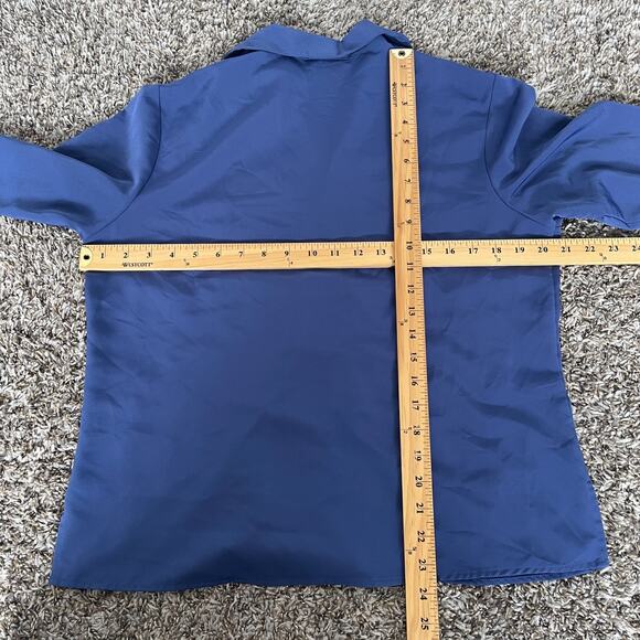 Vintage Blouse Top Size Small Blue Solid Long Sleeve Button Minimalist Office - Picture 13 of 13